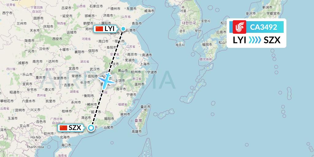 CA3492 Air China Flight Map: Linyi to Shenzhen