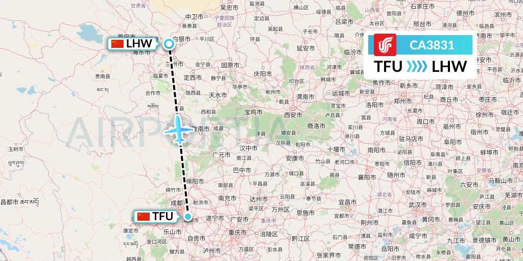 CA3831 Air China Flight Map: Chengdu to Lanzhou