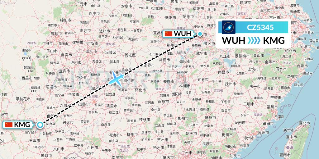 CZ5345 China Southern Airlines Flight Map: Wuhan to Kunming