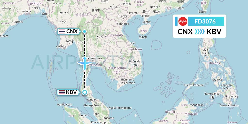 FD3076 Thai AirAsia Flight Map: Chiang Mai to Krabi