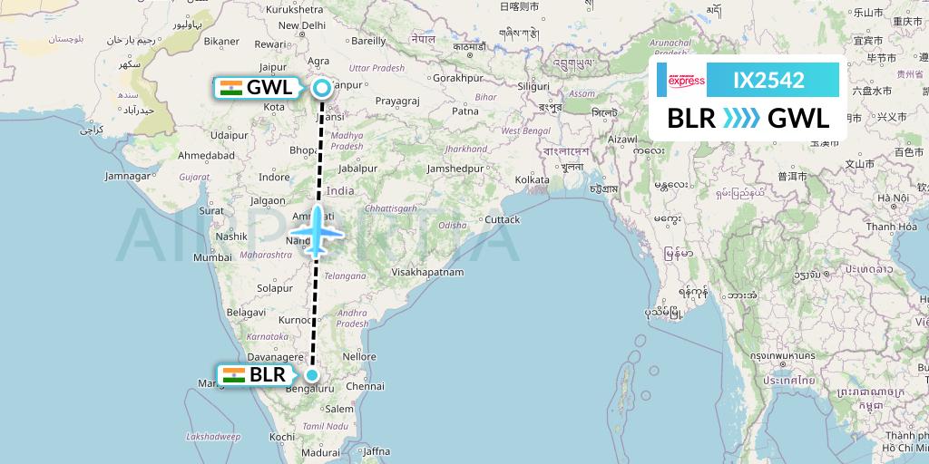 IX2542 Air India Express Flight Map: Bangalore to Gwalior
