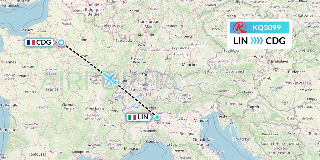 KQ3099 Kenya Airways Flight Map: Milan to Paris