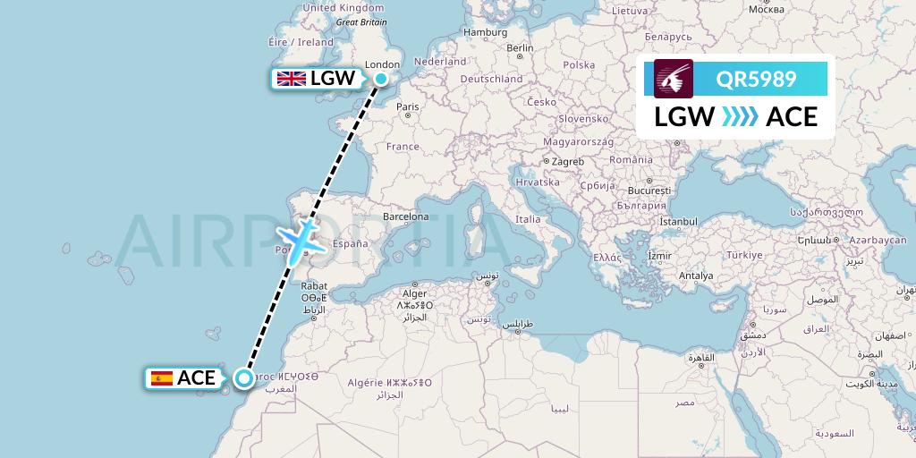 QR5989 Qatar Airways Flight Map: London to Lanzarote