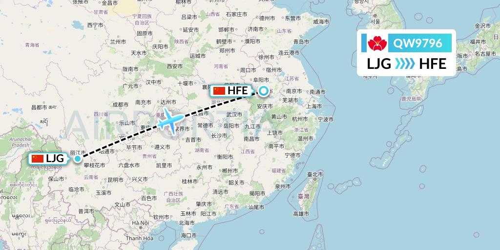QW9796 Qingdao Airlines Flight Map: Lijiang to Hefei