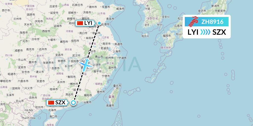 ZH8916 Shenzhen Airlines Flight Map: Linyi to Shenzhen