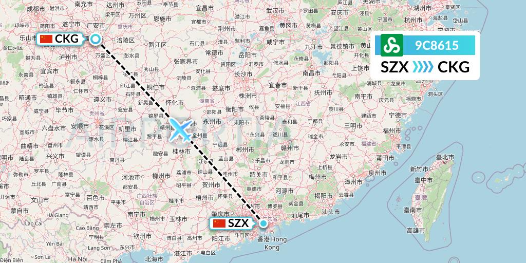 9C8615 Spring Airlines Flight Map: Shenzhen to Chongqing