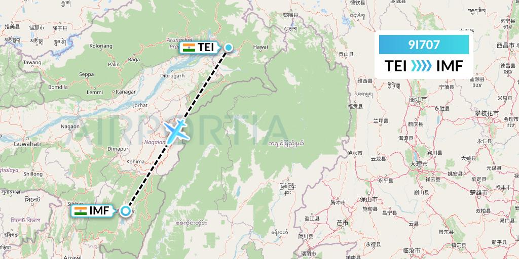9I707 Air India Regional Flight Map: Tezu to Imphal