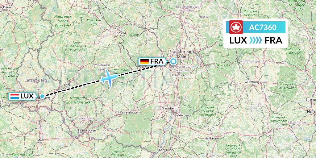 AC7360 Air Canada Flight Map: Luxembourg to Frankfurt
