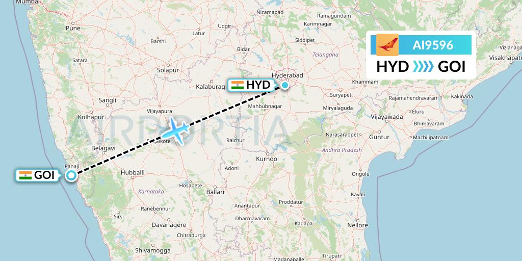 AI9596 Air India Flight Map: Hyderabad to Goa