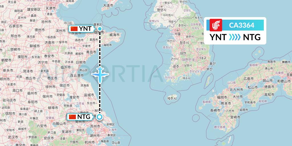 CA3364 Air China Flight Map: Yantai to Nantong