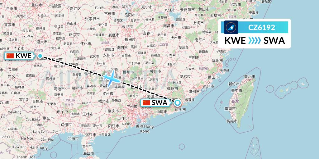 CZ6192 China Southern Airlines Flight Map: Guiyang to Jieyang