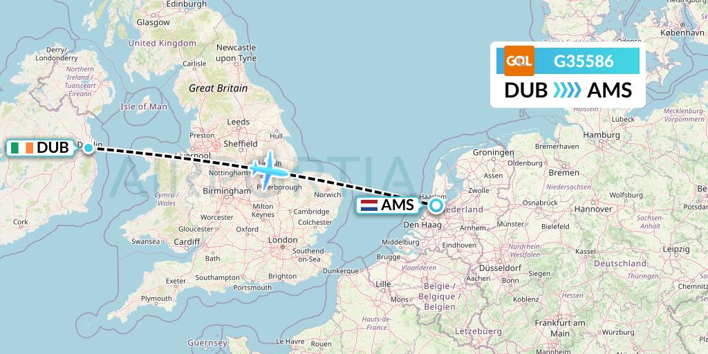 G35586 GOL Transportes Aeros Flight Map: Dublin to Amsterdam