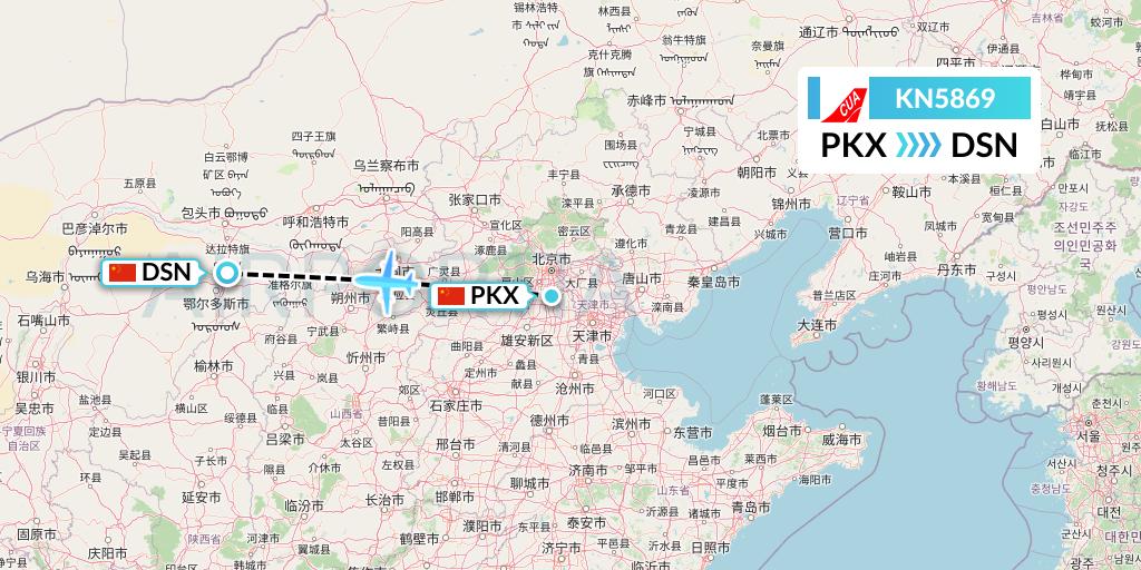 KN5869 China United Airlines Flight Map: Beijing to Dongsheng
