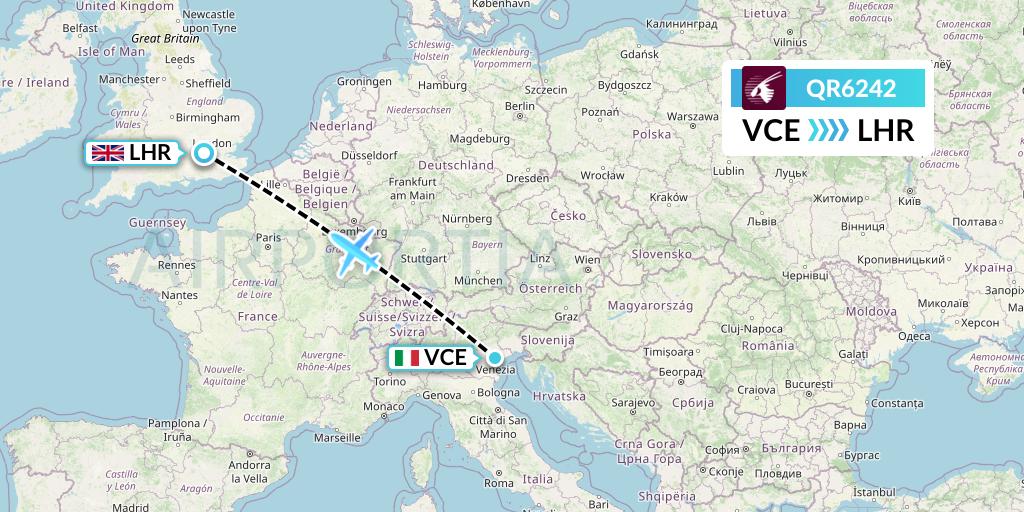 QR6242 Qatar Airways Flight Map: Venice to London