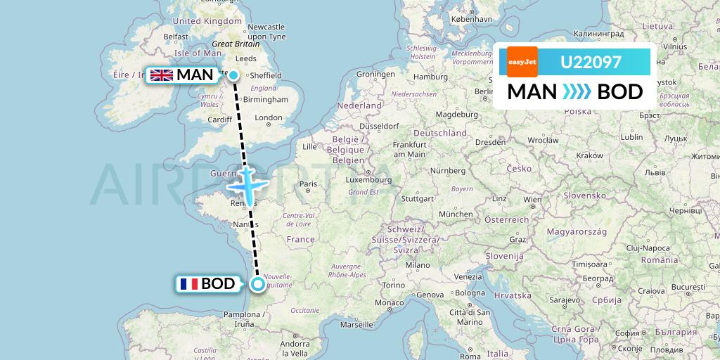 U22097 EasyJet Flight Map: Manchester to Bordeaux