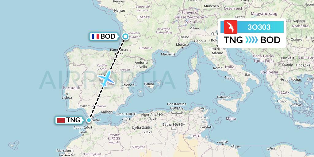 3O303 Air Arabia Maroc Flight Map: Tangier to Bordeaux