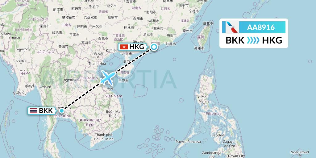 AA8916 American Airlines Flight Map: Bangkok to Hong Kong