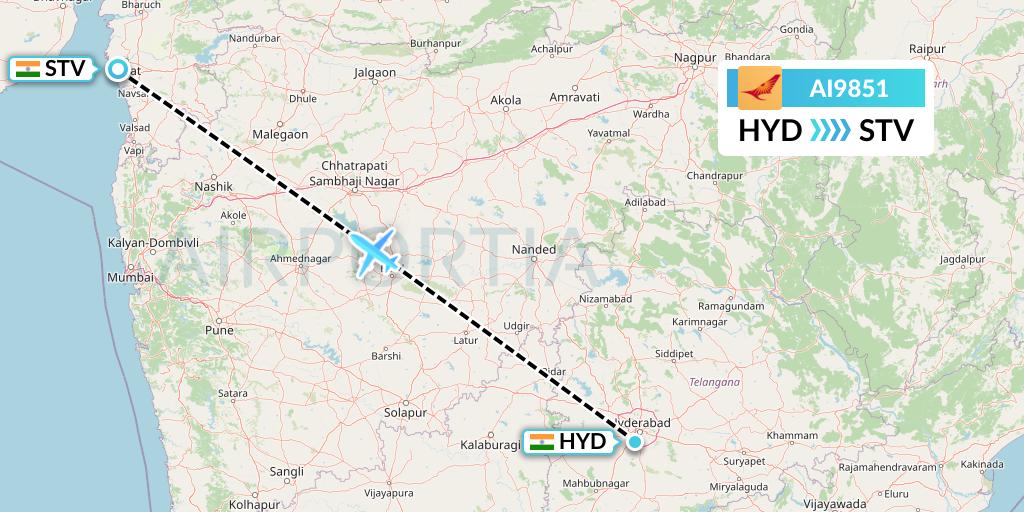 AI9851 Air India Flight Map: Hyderabad to Surat