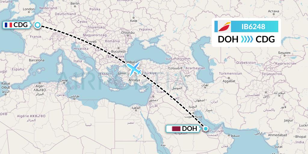 IB6248 Iberia Flight Map: Doha to Paris