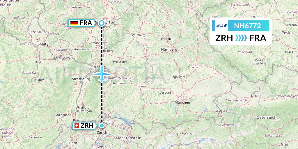 NH6772 All Nippon Airways Flight Map: Zurich to Frankfurt