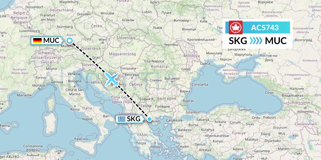 AC5743 Air Canada Flight Map: Thessaloniki to Munich