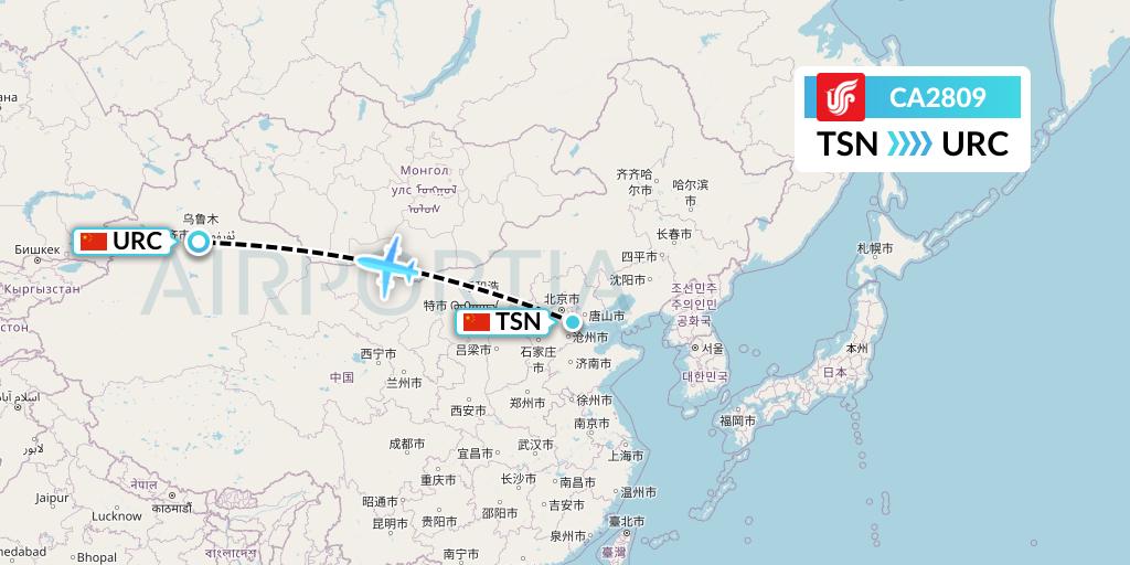 CA2809 Air China Flight Map: Tianjin to Urumqi