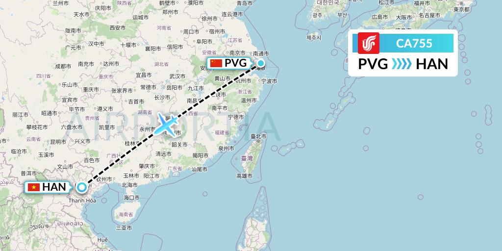 CA755 Air China Flight Map: Shanghai to Hanoi