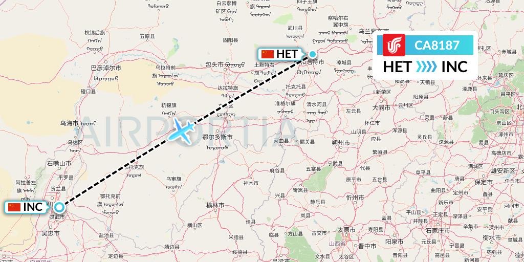 CA8187 Air China Flight Map: Hohhot to Yinchuan