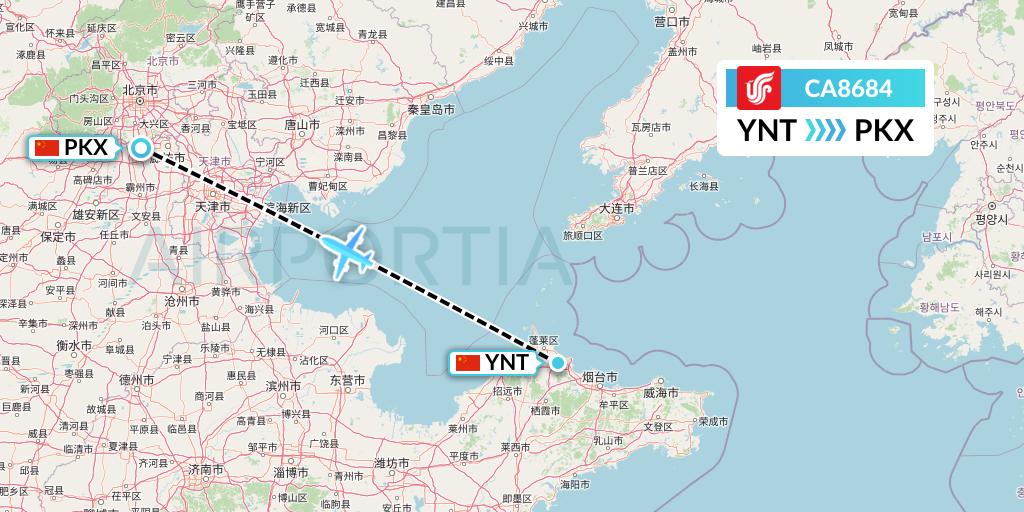 CA8684 Air China Flight Map: Yantai to Beijing