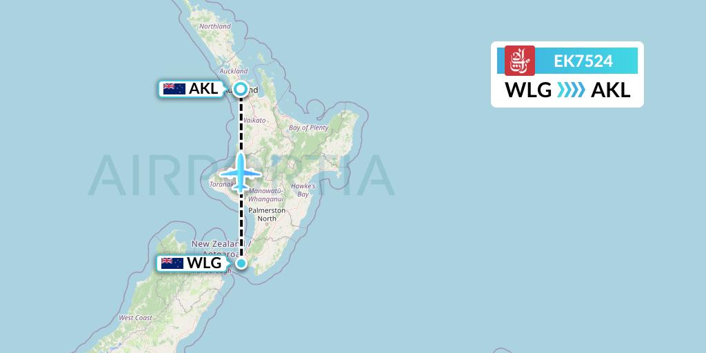 EK7524 Emirates Flight Map: Wellington to Auckland