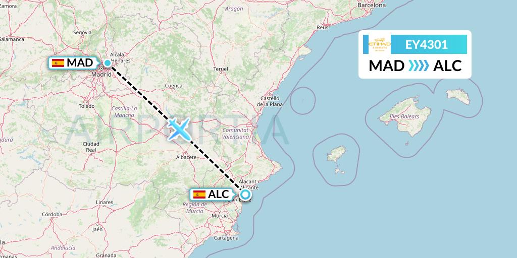 EY4301 Etihad Airways Flight Map: Madrid to Alicante