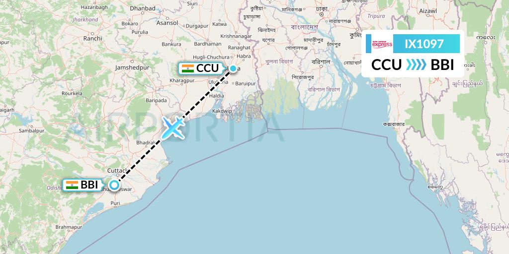IX1097 Air India Express Flight Map: Kolkata to Bhubaneswar