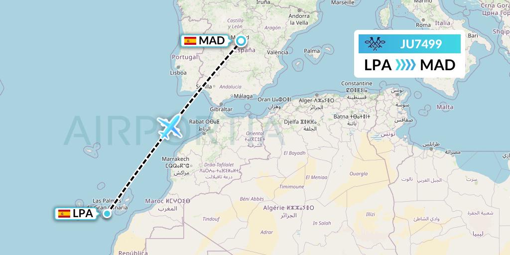 JU7499 AirSERBIA Flight Map: Las Palmas to Madrid