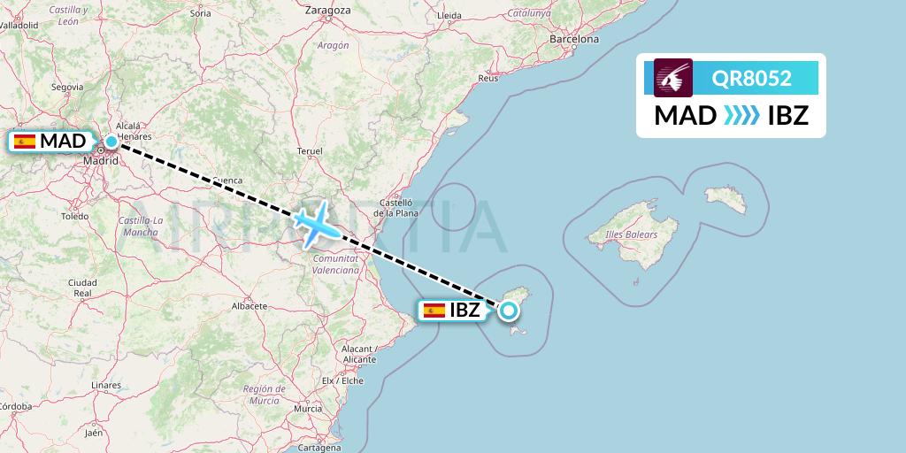 QR8052 Qatar Airways Flight Map: Madrid to Ibiza