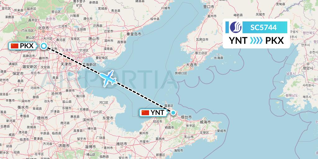 SC5744 Shandong Airlines Flight Map: Yantai to Beijing