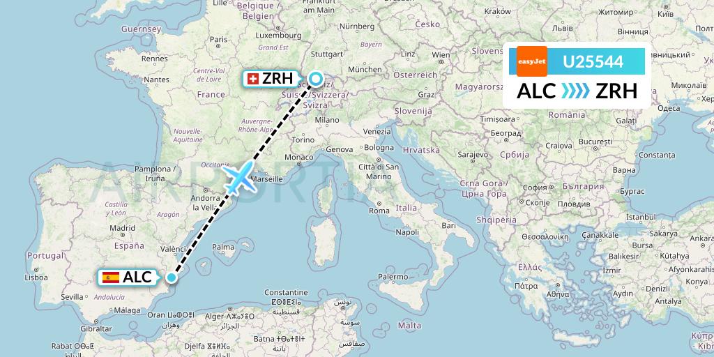 U25544 EasyJet Flight Map: Alicante to Zurich