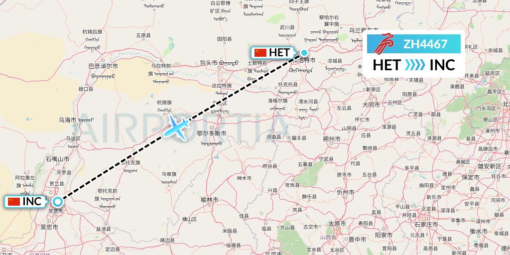ZH4467 Shenzhen Airlines Flight Map: Hohhot to Yinchuan