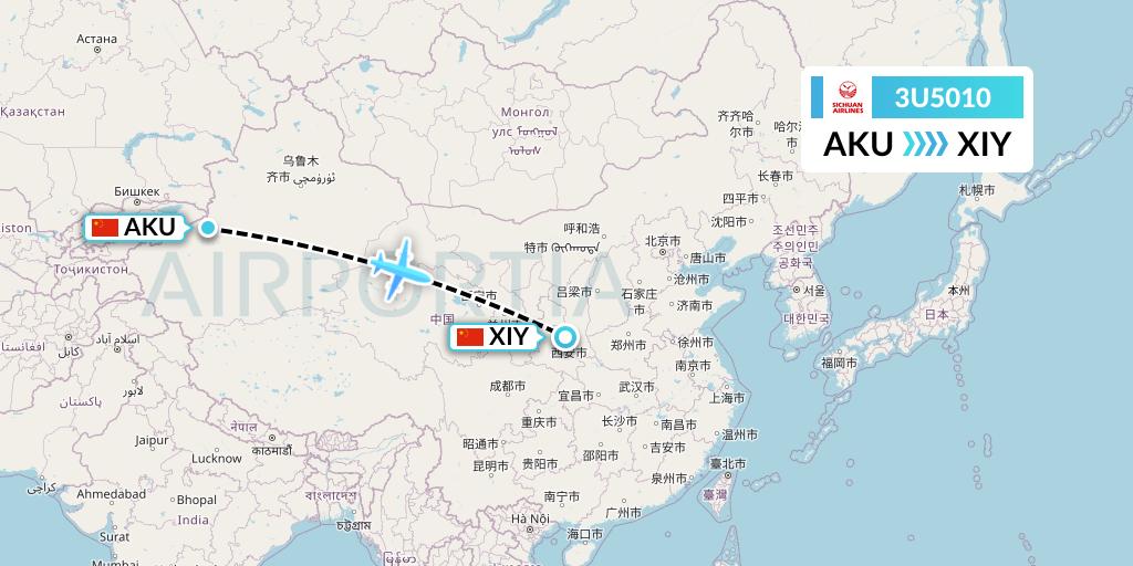 3U5010 Sichuan Airlines Flight Map: Aksu to Xi'an