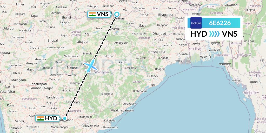 6E6226 IndiGo Airlines Flight Map: Hyderabad to Varanasi