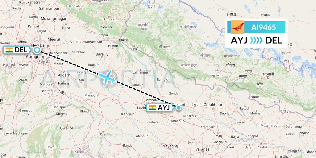 AI9465 Air India Flight Map: Lucknow to Delhi