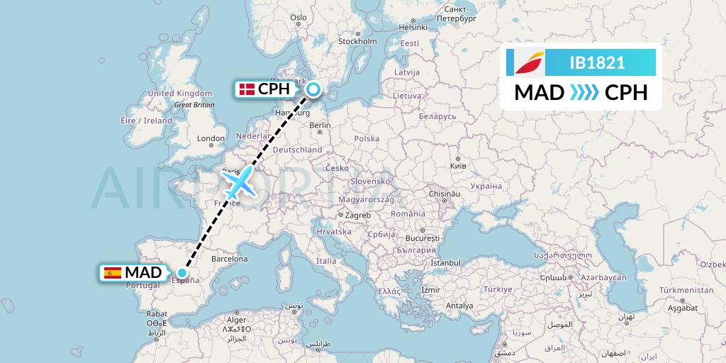 IB1821 Iberia Flight Map: Madrid to Copenhagen