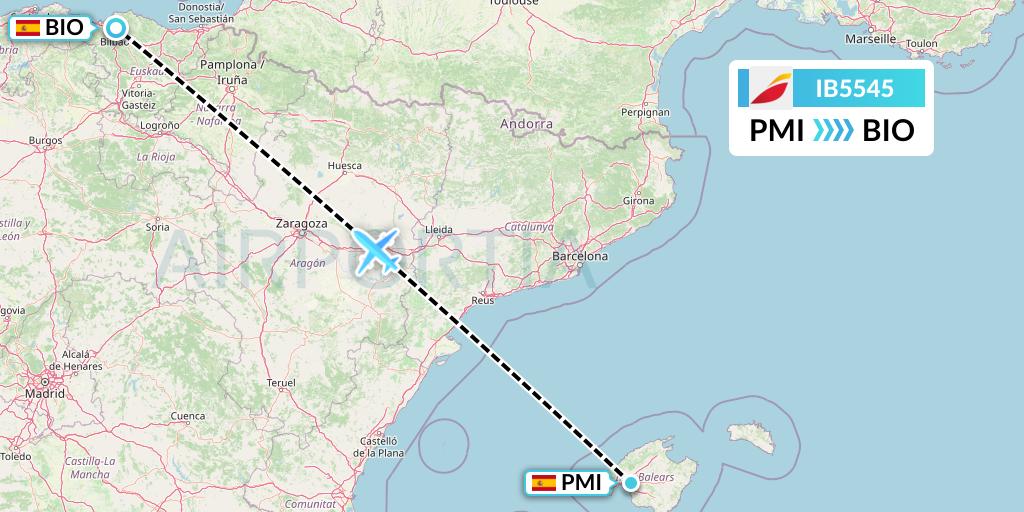 IB5545 Iberia Flight Map: Palma de Mallorca to Bilbao