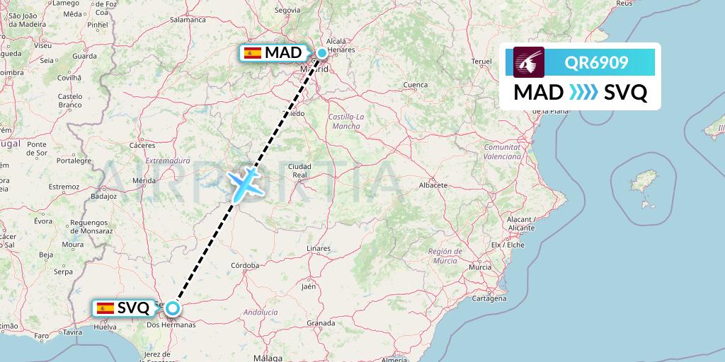 QR6909 Qatar Airways Flight Map: Madrid to Seville