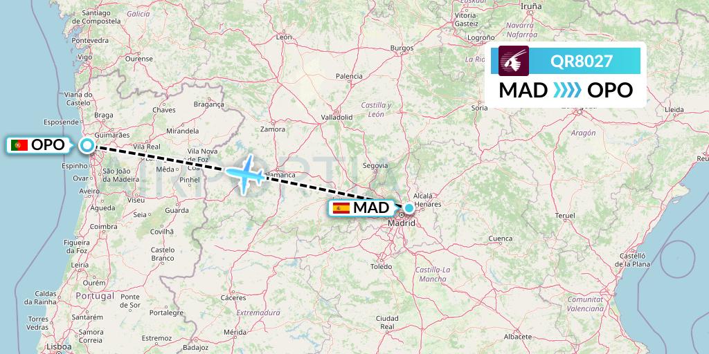 QR8027 Qatar Airways Flight Map: Madrid to Porto