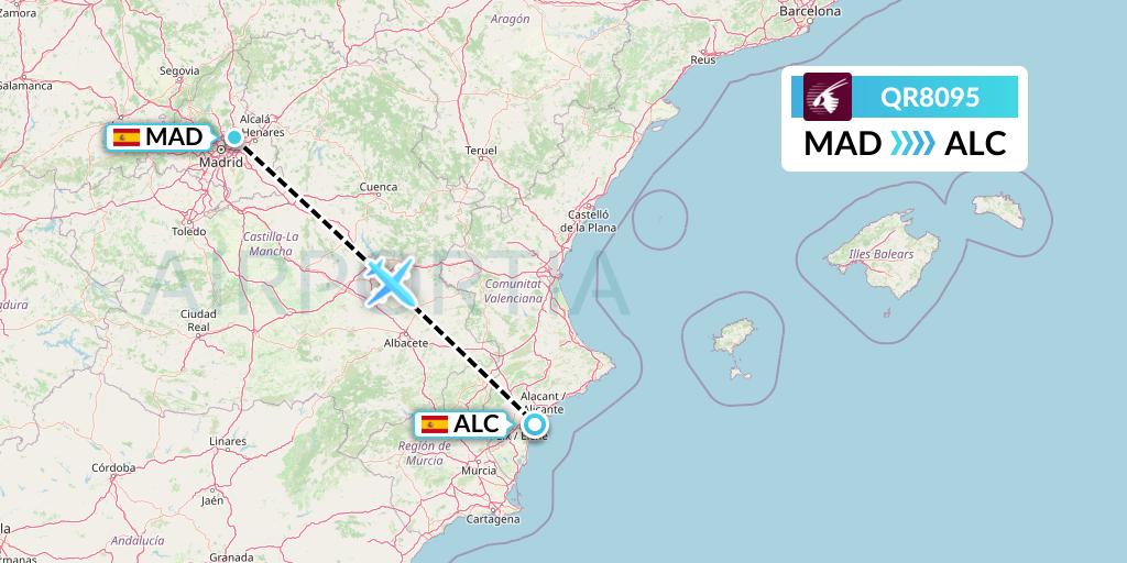 QR8095 Qatar Airways Flight Map: Madrid to Alicante