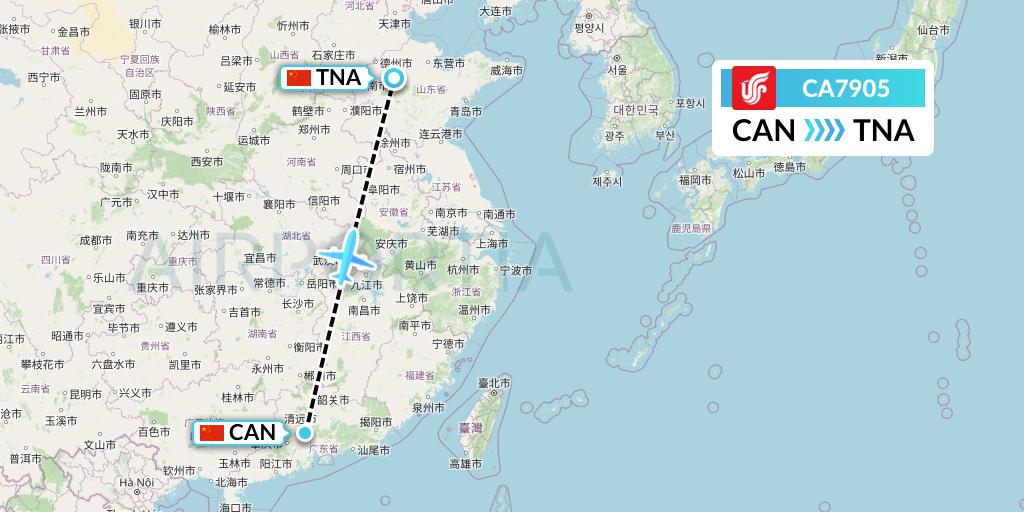 CA7905 Air China Flight Map: Guangzhou to Jinan