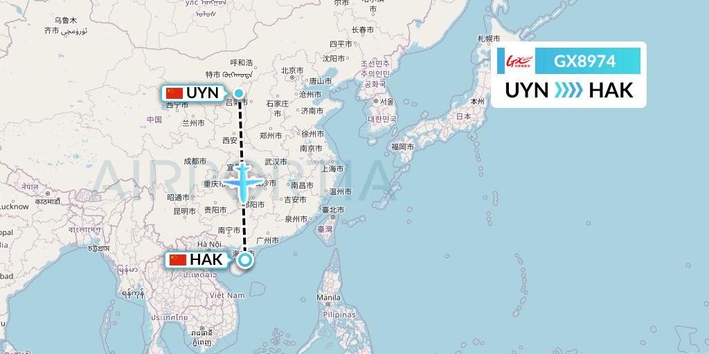 GX8974 GX Airlines Flight Map: Yulin to Haikou