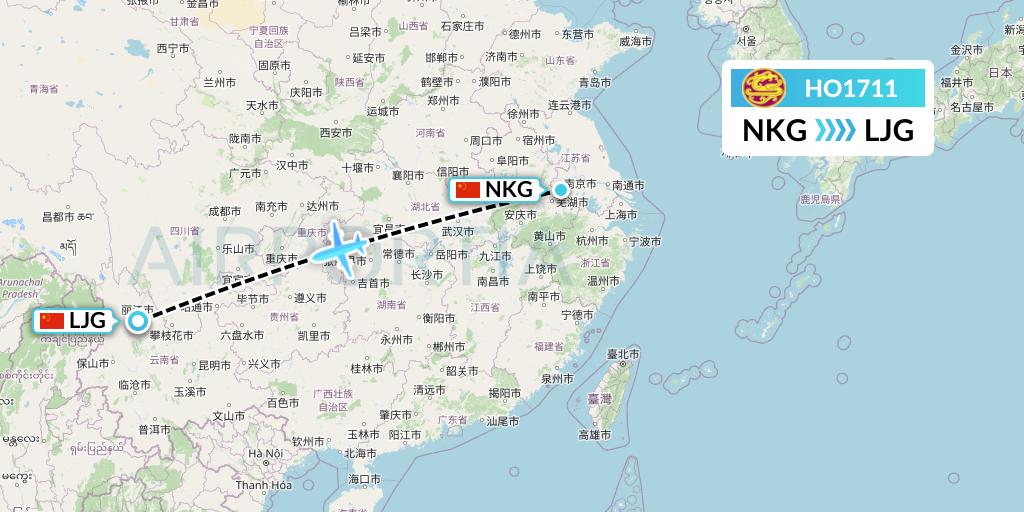 HO1711 Juneyao Airlines Flight Map: Nanjing to Lijiang