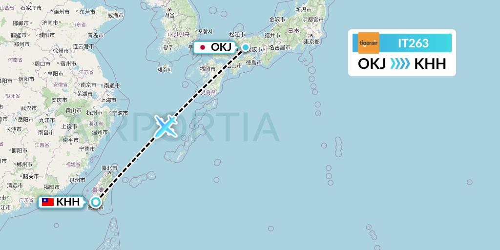 IT263 Tigerair Taiwan Flight Map: Okayama to Kaohsiung