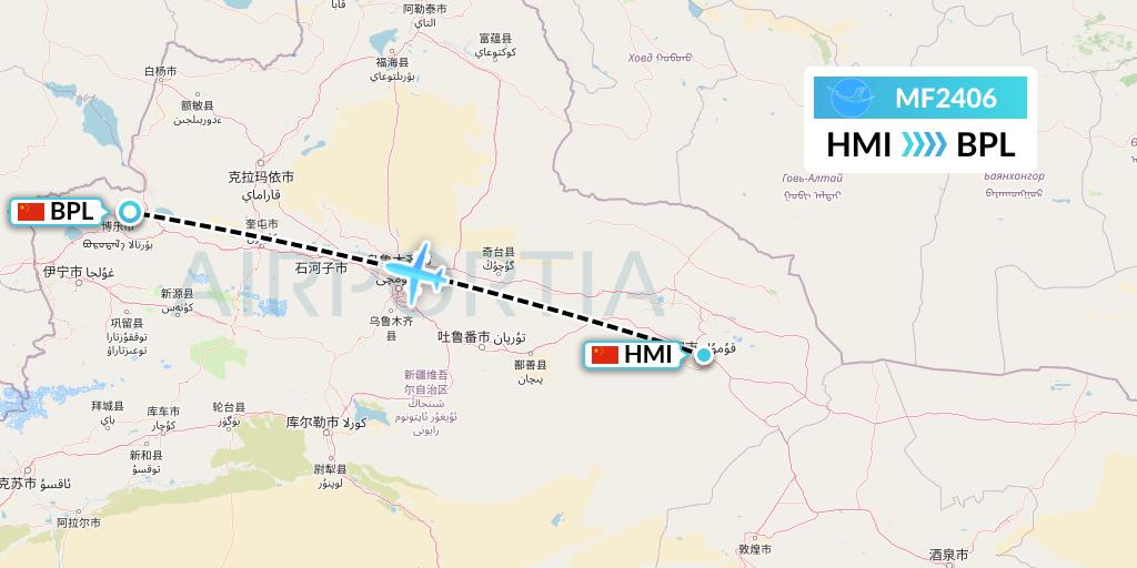 MF2406 Xiamen Airlines Flight Map: Hami City to Bole